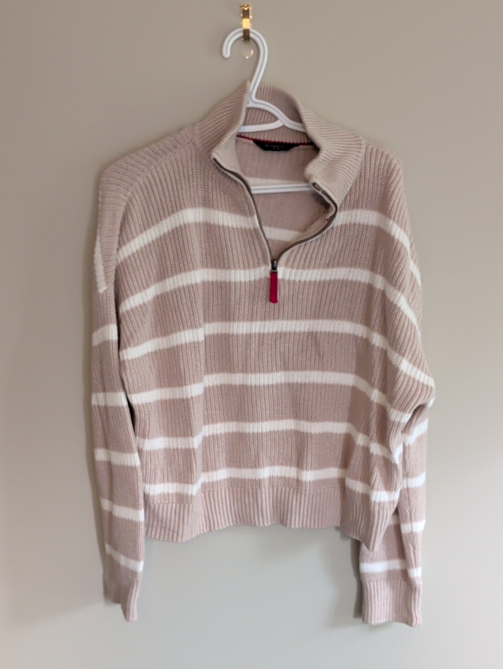 Denver Hayes Tan and White Striped Half-Zip Turtleneck Sweater